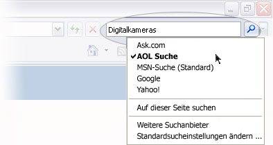 Internet Explorer 7-Symbolleiste mit Suchmenü, in dem mehrere Suchanbieter angezeigt werden