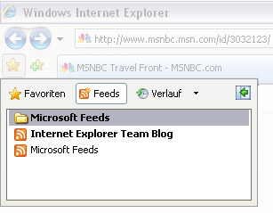 Internet Explorer 7-Symbolleiste mit angezeigtem Favoritenfenster und markiertem RSS-Feeds-Symbol