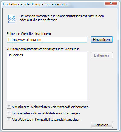 Dialogfeld "Einstellungen der Kompatibilit�tsansicht"
